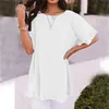 Kvinnors T-skjortor Linne Solid Color Tops 2023 Summer Tunic Cotton Trend O-Neck Ruffled ärm överdimensionerade Plus Size S-2XL