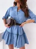 Casual Dresses Spring Summer Light Blue Long Sleeve Shirt Dress Office Ladies Button Ruffles Solid Dress Casual Loose Streetwear Dresses 230316