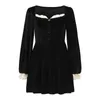 Casual Dresses Gothic Vintage Black Mini Dress Lace Splicing Elegant High Waist Party Robe Femme Streetwear Long Sleeve Lolita Vestidos