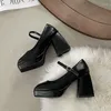 Dress Shoes Mary Jane Square Toe High Heels Pumps Thick Women Platform Lolita Females Ankle Warp Vintage Leather Woman