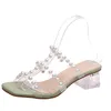 Sandales été femmes élégantes célébrités chaîne perle perle bout ouvert Transparent supérieur propre talon mode chaussures décontractées femme