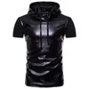 Herren T-Shirts WSGYJ Hemd Männer 2023 Sommer Kurzarm Mit Kapuze Patch Leder Mode Hip Hop Tees Fitness Kleidung Schwarz