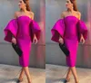 Elegante tubino da sera abito formale con spalle scoperte maniche a sbuffo in raso lunghezza del tè abiti da festa di promenade Robe de Soiree 2023 fucsia