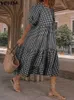 Casual Dresses Vonda Sommer Bohemian Kleid Frauen 2023 Casual Kurzarm Vintage Plaid Gedruckt Hemd Robe Urlaub Lose Plissee Midi Vestidos W0315