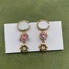 Pink Big Jewel Dangle Charm Gold Flower Eardrop Full Diamonds Double Letters Geometry Design Ear Stud