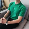 Herrpolos herrar pläd polo skjorta stretch smal fit lapel kort ärm stickad t-shirt sommar casual mode affär social polos m-4xl 230316