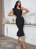 Casual Dresses Elegant Summer Trumpet Midi Bandage for Women 2023 Sexig ärmlös Split Black BodyCon Celebrity Fashion Party Dress