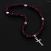 Strand Cottvoreligious Crucifix Cross Our Lady Charms Double Laps Purple Beaded Chain Prayer Rosary Armband smycken Dop gåvor