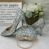 Sandals 2023 Women Silver Bridal Wedding High Heels Ladies Party Dress And Bag Set Pointed Toe Thin Princess Crystal Shoes