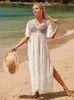 Dames badkleding strandjurken voor vrouwen 2023 witte mesh bloem geborduurde bikini bedek elegante flare mouw lang gewaad zomerbaden