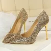 Dress Shoes Women 7cm 9.5cm High Heels Sequins Glitter Luxury Designer Pumps Plus Size 43 Wedding Bridal Gold Valentine Scarpins Shoes 230316