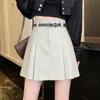 Skirts MOUKYUN Apricot PU Pleated Women Winter Solid Chic Faux Leather with belt Korean Fashion Female Mini 230316