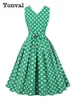 Casual Dresses TonVal Polka Dot 50s Pinup Robe Femme Button Front Long Dress Elegant For Women High midje Belted Vintage Pleated Midi Dresses W0315