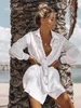 Freizeitkleider Damen Badeanzug-Vertuschungen Mandarin-Ärmel-Kaftan-Strand-Tunika-Kleid Robe de Plage Solid White Pareo Strand-Vertuschungen #Q429 W0315