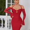 Casual Kleider 2023 Flare Rot Langarm Großhandel Frauen Kleid Mode V-ausschnitt Bandage Mini Sexy Cut Out Party Club Vestidos