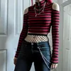 Women's T Shirts Punk Red Stripe Zipper Shirt Y2K Harajuku Sexy Off Shoulder Long Sleeve Bodycon Crop Tops Gothic Women Knit Tees