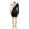 Casual Dresses Stylish Lady Glitter Sequin Dress 2023 Autumn Women Long Sleeve One Shoulder Oregelbundet BodyCon Club Party Shiny Shiny