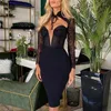 Casual jurken Sexy Lace Elegant Bandage Jurk lange mouw strapless zwart gebreide bodycon dames outfits beroemde avondfeest winter