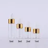 Mini botellas de cuentagotas de vidrio transparente transparente vacías 1ml 2ml 3ml 5ml 2000pcs / Lot con tapas de oro y plata