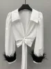 Women's Blouses Sexy Bur Cuffs Shirts Summer Women Crop Tops verbat Bowknot Lange mouwen shirt Verwijderbare echte Feather Lady Blouse