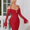 Vestidos casuais 2023 FLARE RED MANAGEM LONGA MULHERES VESTIMENTO MANDO DE VODA VODAGEM Mini Sexy Cut Out Party Club Vestidos