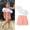 Kleidungssets Mädchen Zweiteilige Kleidung Outfit Mode Kinder Baby Mädchen Rüschen Schräge Schulter Design Tops Hohe Taille Röcke