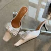 Crystal Butterfly Knot Women Thin Heel Sandals Mules New 2023 Fashion Silk Ladies Slippers Pumps Shoes Rhinestones Female Slides 0316