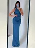 Casual klänningar Elegant halter Backless Green Maxi Dress for Women 2023 Sexy Wedding Party Bodycon Ruched Long Y2k Nightclub Outfits