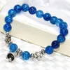 Strand Fashion Natural Stone Bracelets Agat Blue Popcorn Carnelian 8mm Round Beads Bell Pendant Jewelry 7.5inch B2062