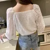 Women's T Shirts 2023 Spring Square Collar Fashion Western Cardigan Design Lace Hollow Loose Wild Long Sleeve Top