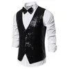 Men's Vests Shiny Royal Blue Sequin Dress Men Slim Fit V Neck Glitter Tuxedo Waistcoat Mens Wedding Party Stage Prom Vest with Bowtie 230317