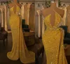 Sequined Shiny Yellow Prom Dresses Sexy Halter Sparkle Rhinestones Formal Party Gowns High Thigh Split Long Mermaid Women Special Ocn Evening Dress CL2021