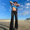 Women's Jeans India Punk Vintage Low Rise Flared Jeans with Pockets Goth Streetwear Full Length Blue woman jeans Y2K Retro Chic Pants Fall L230316