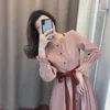 Vestidos casuais manga longa Soild Square Collar Dress Mori Girl Temperamental Mulheres caem francês vintage da cintura alta fada rosa