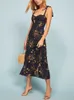 Robes décontractées robes pour femmes 2022 élégante robe florale vintage à volants chérie cou sans manches sangle cravate à volants ourlet robe de plage d'été W0315