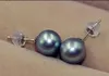 Boucles d'oreilles en or blanc 18 carats pour femmes, superbes boucles d'oreilles en perles rondes grises naturelles de la mer du sud, 10-11mm, bijoux