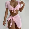 Bikinis set VigoCasey Orange 4PCS/Set Swimwear Women Sexy High Waist Neck Bikini Set 2022 Swimsuit Short Tied Sleeve Bathing Suit Swim Wear P230316