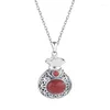 チェーンXL366 ZFSILVER S925 STERLING THAI SILVER FASION SOUTH RED AGATE OVAL 3D MONEYラッキーバッグネックレスペンダント女性ウェディングジュエリー