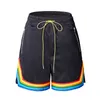 Mäns shorts Rainbow Color Striped Mesh Casual Summer Mens Shorts Zipper Pockets Streetwear Overdimased Drawstring Kne Lenght Pants G230316