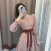 Vestidos casuais manga longa Soild Square Collar Dress Mori Girl Temperamental Mulheres caem francês vintage da cintura alta fada rosa