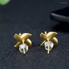 Stud-oorbellen Verkoop van natuurlijke handgesneden goudkleur 24k inleg Jade Windmill Studs Fashion Jewelry Accessories Menwomen Luckgifts