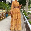 Casual klänningar 2022 Kvinnor Floral Tryckt Lykta långärmad sundress Kvinna Vintage Cake Loose Beach Dress Elegant Cascading Ruffles Cover-Ups W0315