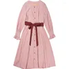 Vestidos casuais manga longa Soild Square Collar Dress Mori Girl Temperamental Mulheres caem francês vintage da cintura alta fada rosa