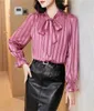 Frauenblusen Hemden Korean Damen Vintage Spring Striped Chiffon Blouses Büro Dame Lady Schnürschuhe Bluse Langschläfe Plus Größe Hemd Tops Blusas 230317