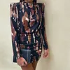 Abiti casual Vintage Pattern Print Wrap Hip Dress Ufficio Elegante O-Collo Solid Party Women Fashion Drappeggiato Manica lunga Bodycon Mini