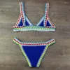 Biquíni feminino mão crochê malha patchwork maiô feminino praia férias halter top maillot biquini trajes de banho w0o6