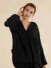 Womens Sleepwear Linad Loose Nightwear Cotton V Neck Long Sleeve Pajamas 2 Piece Sets Female Casual Suits With Shorts Solid 230317