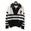 Women's Knits & Tees designer Small black and white contrast striped knitted top western-style aging zippered polo sweater NLZG