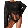 Women's Swimwear Sexy Bikini Cover-Up O-neck Flared Long Sleeve Tassel Loose Top Crochet Knitted See-Through Net Sunscreen Blouse Female Clo