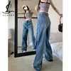 Dżinsy damskie na żywo !! Projekt pikantne dziewczyny Nieregularne niebieskie dżinsy kobiety luźne proste spodnie w talii L230316